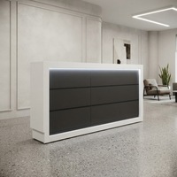 Bureau de réception sur mesure en forme de L, surface solide gris-blanc, écologique, avec éclairage LED pour bureaux, halls d'accueil, hôtels, hôpitaux, banques