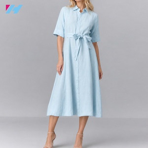 <span class=keywords><strong>Abito</strong></span> Camicia in <span class=keywords><strong>Lino</strong></span> <span class=keywords><strong>Azzurro</strong></span> Chiaro da Donna con Cintura, Vestito Midi a Linea A con Maniche Corte Personalizzabile - Product Image 1