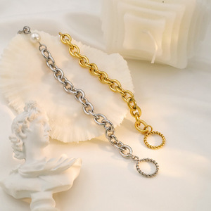 European American Style Chunky <b>Chain</b> Bracelet With Pearl And Ot Buckle For Women Fashion Jewelry Gift <b>Titanium</b> Steel 21cm - Product Image 4
