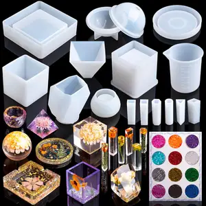 14Pcs Epoxy Resin Molds Including Sphere Cube Pyramid Ashtray Coaster Stone Pendants Silicone Mold Kit