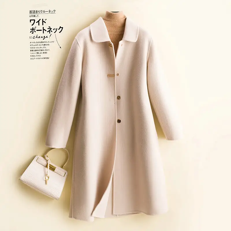 Korean Ladies Long Coat Women 100% Merino Wool Outwear Trench Jacket Simple Cashmere Coats