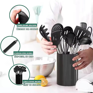 Heat Resistant Black <b>Kitchen</b> <b>Gadgets</b> <b>Tools</b> Stainless Steel Handle Silicone <b>Kitchen</b> Cooking Utensils Set with Holder - Product Image 2
