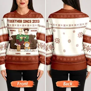 Maglione Natalizio Personalizzato Unisex in Misto Poliestere ad Asciugatura Rapida con Stampa di Coppia Cartoon con Bambini e Animali Domestici - Product Image 3