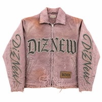 Veste en jean baggy DiZNEW Premium pour homme, délavée, avec détails graphiques ailes cloutées, effet boue, personnalisable avec logo d'usine