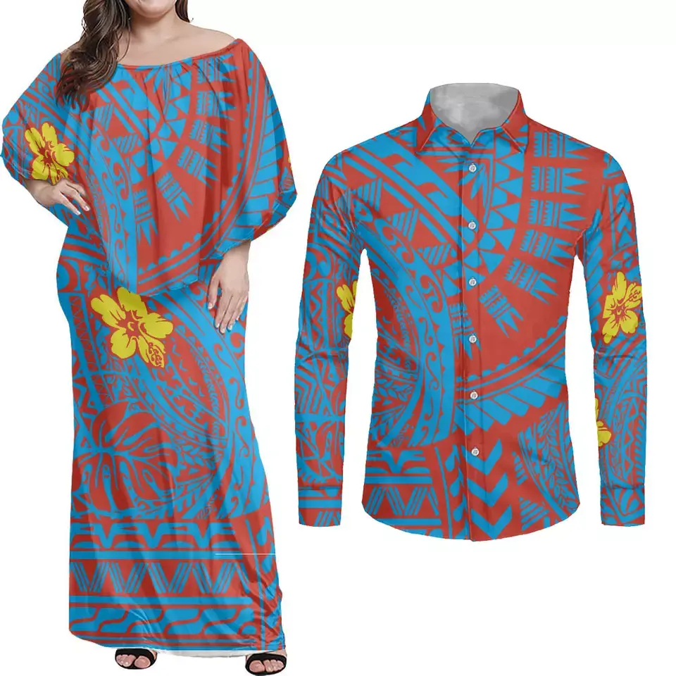 الأزياء البولينيزية القبلية نمط القبلية الأزواج مجموعة 2 قطعة الرجال قميص والنساء اللباس Samoan تابا زهرة تصميم زوجين مجموعات قرنة