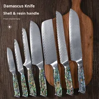 Couteaux à légumes, Santoku et à désosser professionnels en acier Damas bleu, 3 pièces, avec manches en nacre, design moderne et simple, LOGO personnalisé