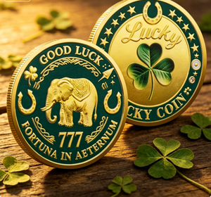 Pièces commémoratives personnalisables en métal, imprimées UV, motif trèfle et éléphant, collection Lucky Fortuna Aeternum - Product Image 1