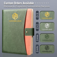 Portafolio de Cuero A4 Personalizado con Cierre, Carpeta de 3 Anillas con Asa y Calculadora, Logotipo Verde para Reuniones de Negocios