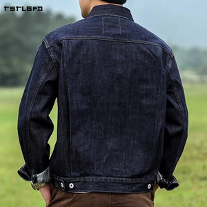 เสื้อแจ็คเก็ตเดนิมสีดำสำหรับผู้ชาย รุ่น Selvedge Raw Denim พร้อมกระเป๋าหน้าอกเดี่ยว ปลายแขนแบบพับได้ ปรับเอวได้ ทรงเข้ารูป สไตล์วินเทจ - Product Image 4