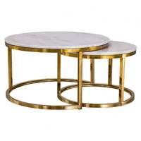 Ensemble de 2 tables basses rondes de luxe avec plateau en marbre blanc et structure en métal doré pour le salon