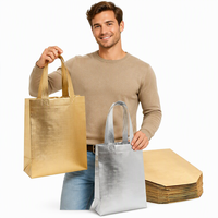 Sacs cadeaux pliables métalliques en non-tissé écologiques de haute qualité avec motif lettres, sacs fourre-tout brillants or/argent