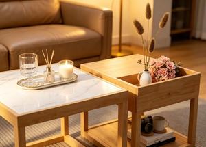 Table basse moderne en bois avec plateau en marbre et étagère de rangement, meubles de salon - Product Image 4