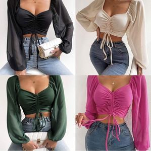 Camicetta da <span class=keywords><strong>donna</strong></span> europea e americana alla moda, corta, <span class=keywords><strong>scollata</strong></span>, sexy, con scollo a V, in chiffon patchwork, con coulisse e maniche a lanterna - Product Image 2