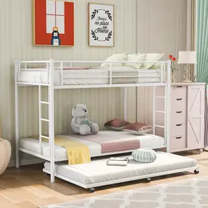 White Wrought Iron Bed Kids Double Twin Single Metal Bunk Bed with Trundle