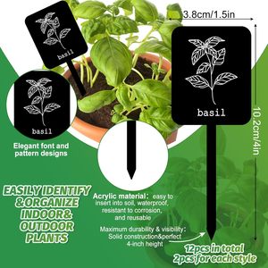 24 étiquettes de plantes en acrylique, 12 styles, marqueurs d'herbes de jardin, étiquettes de piquets pour plantes, étiquettes noires imperméables pour jardin intérieur et extérieur - Product Image 6