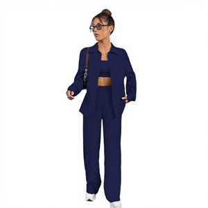 Women's Navy Blue 2 Piece Loose Fit <b>Blazer</b> <b>Set</b> With Wide Leg Pants Casual Solid Color Crepe Fabric All Seasons Wear - Product Image 2