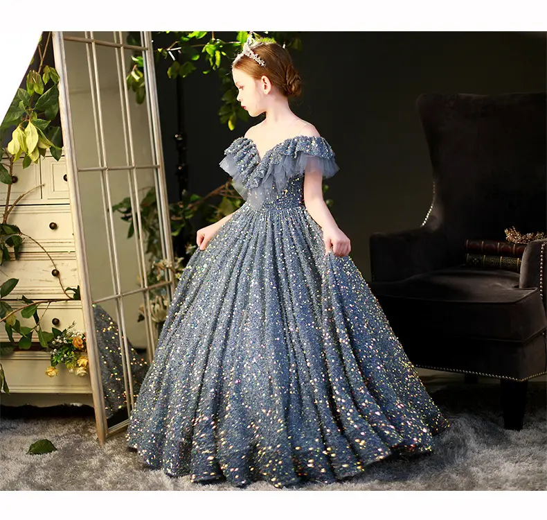 luxury sequined piano performance robe children party frock ball gown off shoulder floor length flower girl's dress for wedding