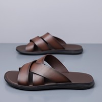 Nouvelles sandales à enfiler en cuir véritable pour hommes 2026 – Tongs décontractées antidérapantes à semelle souple pour l'extérieur et la plage – Grandes tailles 46, 47, 48