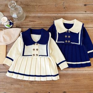 Autunno inverno neonato maglione pieghettato vestito lavorato a maglia bambino contrasto colore manica lunga colletto marinaio abito bambine abiti - Product Image 3