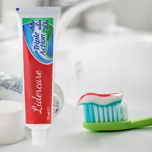 Dentifricio a tripla azione con logo privato personalizzato sbiancante rimuove le macchie di dentifricio a tre colori Anti-sensibilità