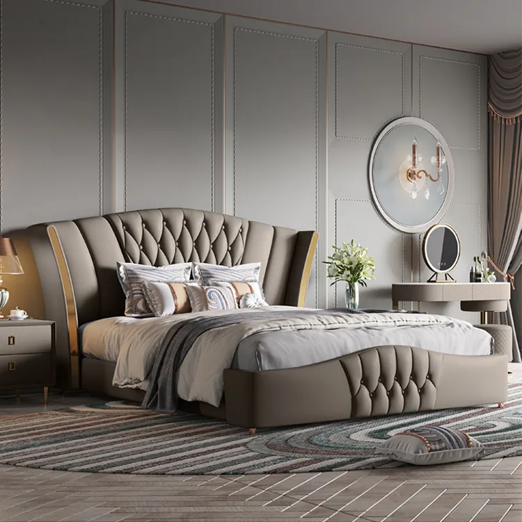 2021年のイタリアの高級デザイン人気のベッドルーム家具キングサイズベッドモダンなダブルベッド