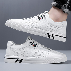 Zapatillas Deportivas Casuales Transpirables para Hombre, Zapatos Deportivos de Cuero Blanco, Zapatos para Caminar Sin Cordones, Diseño Moderno de Color Sólido - Product Image 2