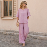 Ensemble chemise et pantalon en mélange de coton et de lin pour femmes, chemise boutonnée à manches courtes et pantalon à jambes larges, deux pièces, vêtements de détente et de nuit pour l'extérieur, SOFT09