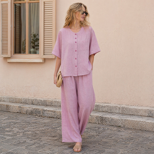 Conjunto de camisa y pantalones de mezcla de lino y algodón para <span class=keywords><strong>mujer</strong></span>, conjunto de dos piezas de manga corta y pierna ancha, ropa de dormir para exteriores SOFT09 - Product Image 4