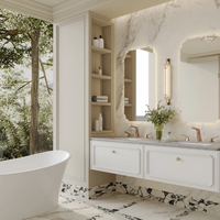 Ensemble de meuble-lavabo de salle de bain de luxe à double vasque avec comptoir en marbre, miroir LED à cadre doré et armoire grise
