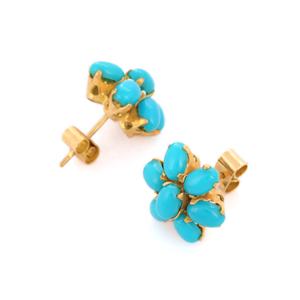Meilleure vente de boucles d'oreilles ovales naturelles en Turquoise, clous 18K, or jaune massif, Design de fleur, bijoux fins - Product Image 4