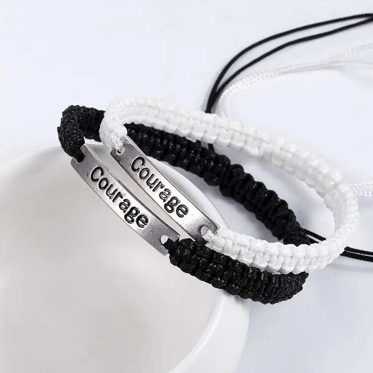 Unisex Personalized Positive Inspire Quote Breathe Free Courage Engraved Bar Black String Adjust Length Friendship Bracelet