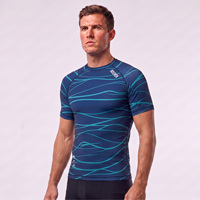 Maillot de bain anti-UV à manches courtes pour homme, respirant, bleu marine, imprimé vagues, idéal pour le surf et les sports nautiques