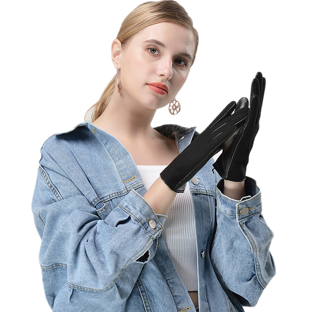 Черные шерстяные смешивания нейлона трикотажная спинка и козья кожа ладони Женские зимние кожаные перчатки