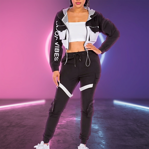 Women's Hooded <b>Cargo</b> Tracksuit Set Black <b>White</b> Letter Print Full Sleeve Drawstring Pants Breathable Streetwear Style - Product Image 1
