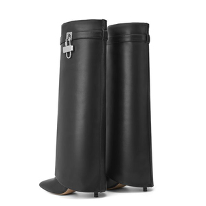 Metal Lock Thin High Heels <b>Pointed</b> Toe Overlay Shoes Dress Stiletto Pants Boots Women's Folded Over Knee High Booties - Product Image 6