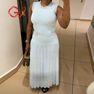 GX639 <span class=keywords><strong>Abito</strong></span> Lungo Estivo da Donna di Alta Qualità, Senza Maniche, <span class=keywords><strong>Plissettato</strong></span> con Perle, Elegante e Sexy <span class=keywords><strong>in</strong></span> <span class=keywords><strong>Maglia</strong></span> - Product Image 1