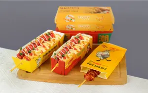 Kotak kemasan makanan kertas Kraft Hot dog roti persegi panjang kustom kotak kue sekali pakai dengan tutup plastik bening