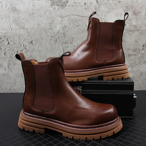 Bottes <span class=keywords><strong>Chelsea</strong></span> pour hommes en cuir véritable, bout rond, semelle épaisse, bottes courtes, semelle extérieure en caoutchouc, fermeture à enfiler, style simple, automne - Product Image 3