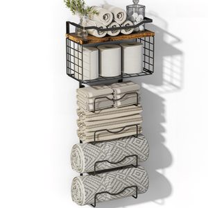 Bathroom Towel <b>Rack</b> Wall Mounted 6 Tier Storage Shelf With Wooden Top For Towels Toilet Paper And Bathroom Essentials - Product Image 1