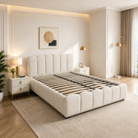 Lit double rembourré à profil bas en tissu Teddy blanc crème, design de créateur, vente en gros d'usine
