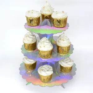 डिस्पोजेबल इंद्रधनुष रंग के कागज केक खड़े हो जाओ जन्मदिन की पार्टी की आपूर्ति 3-स्तरीय गत्ता कागज कप केक प्रदर्शन रैक
