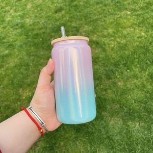 Canette en verre borosilicate de haute qualité de 16 oz, couleur dégradée, avec paillettes, couvercles et pailles, pour transfert par sublimation - Product Image 2