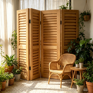 Wooden Folding Room Divider 3 Panels Handcrafted Wabi-Sabi Design Opaque Foldable Frame Structure Removable Cover - Product Image 1