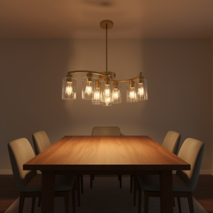 Lámpara de Araña Contemporánea de Cristal Dorado con 9 Luces, Altura Ajustable, para Comedor, Isla de Cocina, Pantalla Cilíndrica Transparente, E26 LED - Product Image 2