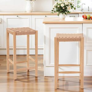 Modern Industrial <b>Bar</b> <b>Stools</b> Kraft Paper Cord Seats Rubberwood Legs <b>Adjustable</b> Feet for Home Hotel Dining Bedroom Set of 2 - Product Image 2