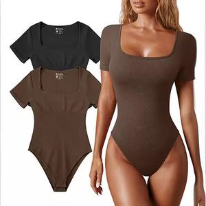 Mono ajustado de manga corta con cuello cuadrado, estilo veraniego para mujeres europeas y americanas. - Product Image 2
