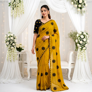 Sari Amarillo con Estampado Digital y Motivos Florales Negros para Mujer, Ropa de Boda, Sari Étnico Tradicional Indio, Material de Poliéster - Product Image 1