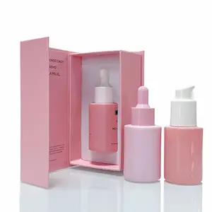 Luxury 1Oz 30Ml 50Ml Pink Colored Essential Oil Serum Bottle Rosa Glass Dropper Bottles With Cosmetic Packaging Paper Box