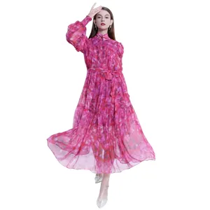 2024 New Women Fashion Clothes Spring Summer Floral A Line Long Sleeve Women Silk Chiffon Dress Elegant Maxi Casual Dress