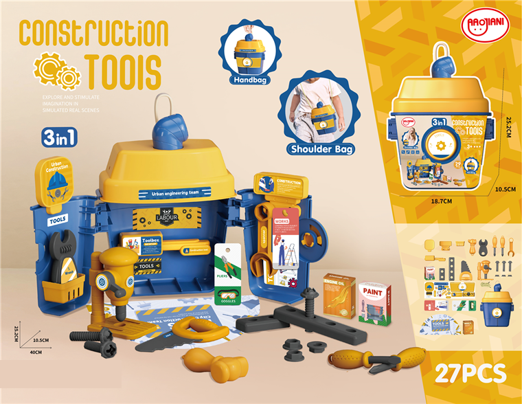 Juguetes de casita, taza de té con leche, herramientas, bolso.